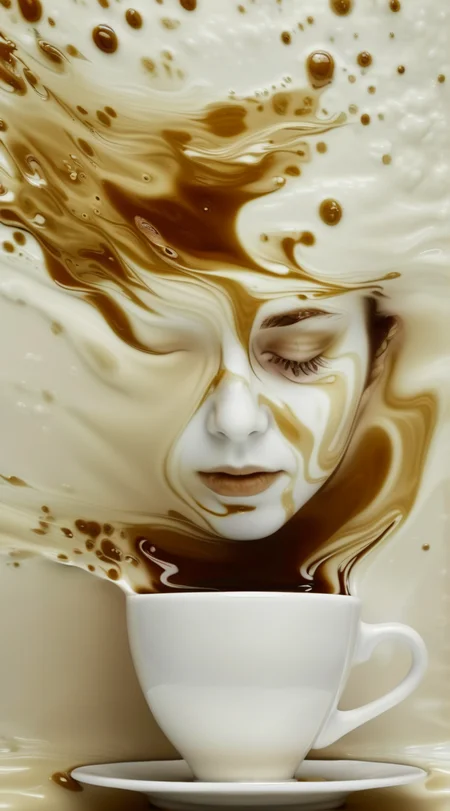 solvique close-up of a cup of coffee with a girl's head dissolving <lora:solvique:1>