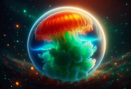 A translucent Sphere with a shrunken Universe forming from a powerful  quantum explosion , (the universe itself a living Jelly  lifeform), Cosmic  Fluorescent Colors  ,Dark Sci-fi ,, Subsurface scattering , Ray Tracing ,Rear Cosmic amibient   light mapping for deep space and Stellar lighting ,electric green , burnt orange , metallic candy apple red,tundra blue  ,8k UHD ,Masterfully rendered in Octane by Sithandwesson ,