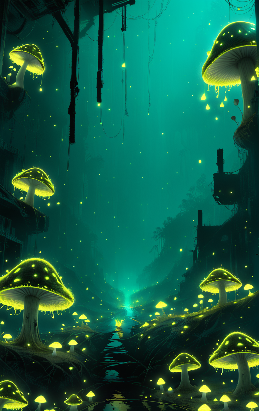 swamp, (hyper detailed:2), (ultra sharp focus:2) night, dark, glowing bioluminescence, small green mushrooms, glowing, (abandoned:2), earth element, water element,
bones, (glowing moss:2), (glowing small green mushrooms:2), (small glowing frog:2),
(glowing green particles:2), glowing particles, (glowing mushrooms:2),
dynamic angle, 
(best quality:1.9), (masterpiece:1.9), (highest detailed:1.9),(angle:1.9), pov, perfectly lighted, (contrast), (saturated), (((sharp focus))), realistic,
<lora:add-detail-xl:2> <lora:glowneon_xl_v1:2>