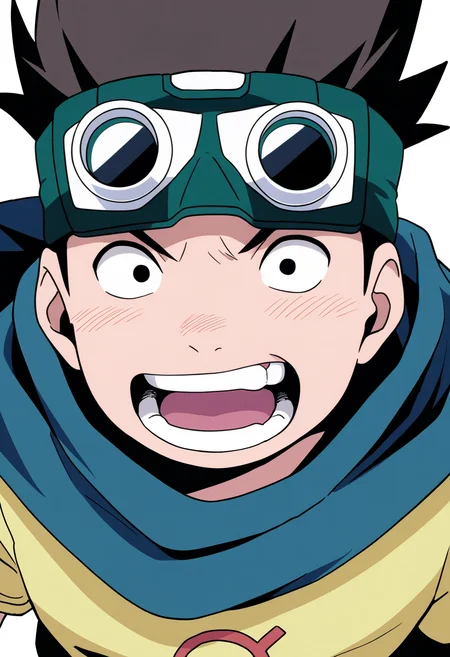 best quality, amazing quality, very aesthetic, absurdres,
1boy, konohamaru, spiked hair, black eyes, brown hair,
scarf, goggles on head, yellow shirt, short sleeves,
upper body,
open mouth, teeth, smile,
looking at viewer, solo, simple background, white background, <lora:KonohamaruNoobXL_byKonan:1>