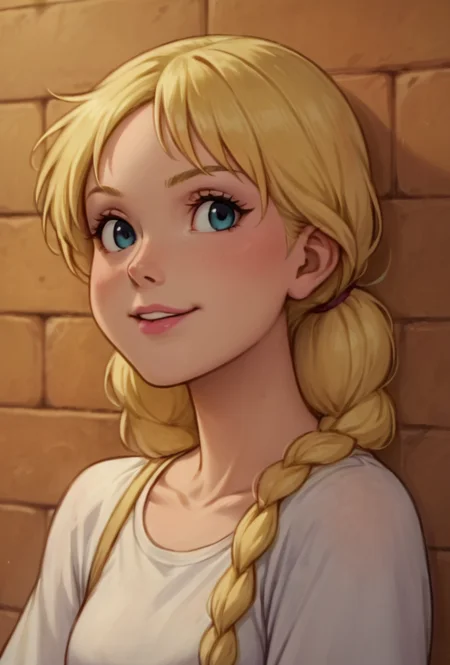 score_9, score_8_up, score_7_up, score_6_up, source_anime, highly detailed, Calla, Casual Calla, a cartoon image of a blonde haired girl sitting in front of a brick wall with her mouth open, <lora:Gummi bears Beta:0.9>