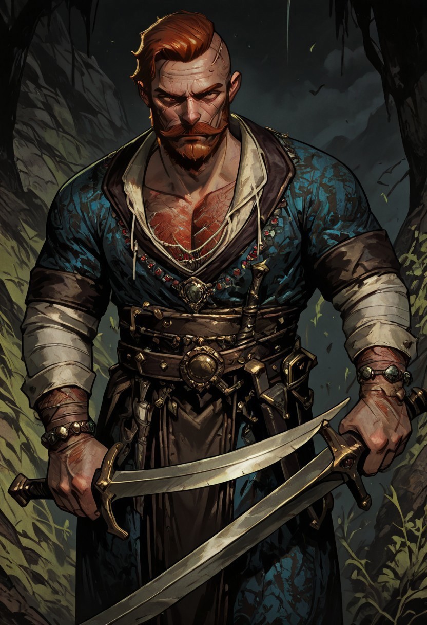 masterpiece, best quality, newest, absurdres, highres, TTCSV1.0, 1boy, OVEV1.1, redhead, red hair, facial hair, mustache, beard, scar, scar on face, jewelry, manly, chest hair, sword, holding sword,