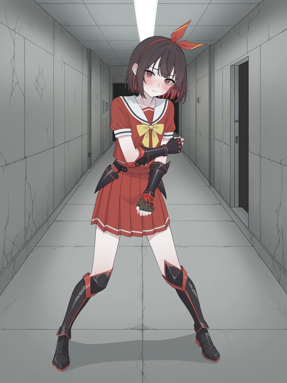 happiiakujikijp, detailed background,
masterpiece,best quality,amazing quality,
kujou nagisa, red hair ribbon
serafuku
yellow bowtie
black gauntlets, fingerless gloves, black footwear, armored boots1girl,solo,
standing,
looking at viewer,
(fighting stance:0.8),
shy, embarrassed,
indoors, futuristic building, dungeon, concrete wall,
hallway,