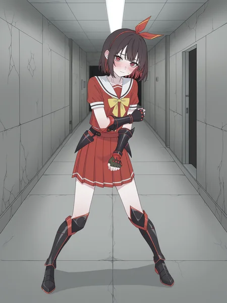 happiiakujikijp,  detailed background,
masterpiece,best quality,amazing quality,
kujou nagisa, red hair ribbon
serafuku
yellow bowtie
black gauntlets, fingerless gloves, black footwear, armored boots1girl,solo,
standing,
looking at viewer, 
(fighting stance:0.8),
shy, embarrassed, 
indoors, futuristic building, dungeon, concrete wall,
hallway,
