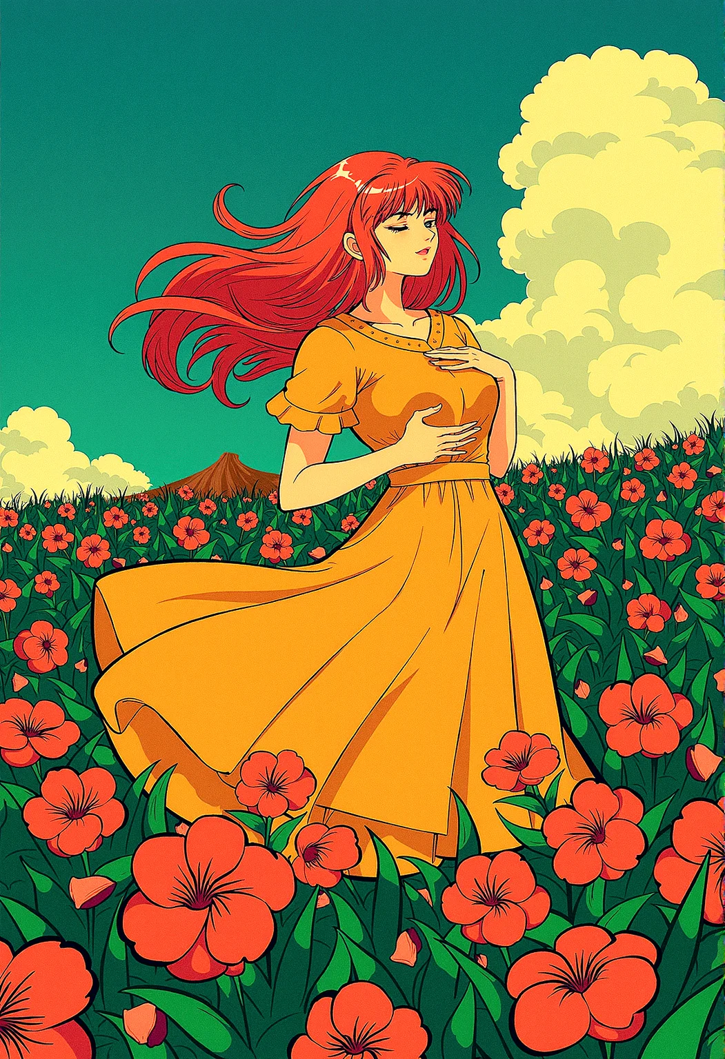 msdh, frosted animation,
anime style of a ginger woman on a hill covered in glowing flowers, with exotic vegetation swaying in the strong wind. Her long hair flows in the breeze, while petals and leaves are scattered around her. The noon sun bathes the scene in bright light, highlighting the intricate details and vibrant colors. The image captures extreme realism with a sharp, wide-angle view in high-resolution HDR, with no depth of field.
Light catching in the strands of the woman’s hair, making it appear more dynamic and alive. subtle color gradients across the scene, blending the colors of the sky, flowers, and vegetation more harmoniously.subtle reflections on any shiny surfaces, such as wet leaves or the woman’s eyes, to enhance the realism and detail.
She rests one hand on her chest, eyes closed, as if deeply moved by the beauty around her.