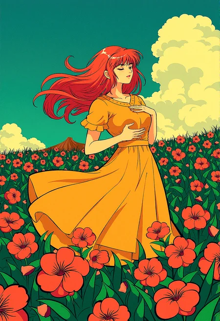 msdh, frosted animation,
anime style of a ginger woman on a hill covered in glowing flowers, with exotic vegetation swaying in the strong wind. Her long hair flows in the breeze, while petals and leaves are scattered around her. The noon sun bathes the scene in bright light, highlighting the intricate details and vibrant colors. The image captures extreme realism with a sharp, wide-angle view in high-resolution HDR, with no depth of field.
Light catching in the strands of the woman’s hair, making it appear more dynamic and alive. subtle color gradients across the scene, blending the colors of the sky, flowers, and vegetation more harmoniously.subtle reflections on any shiny surfaces, such as wet leaves or the woman’s eyes, to enhance the realism and detail.
She rests one hand on her chest, eyes closed, as if deeply moved by the beauty around her.