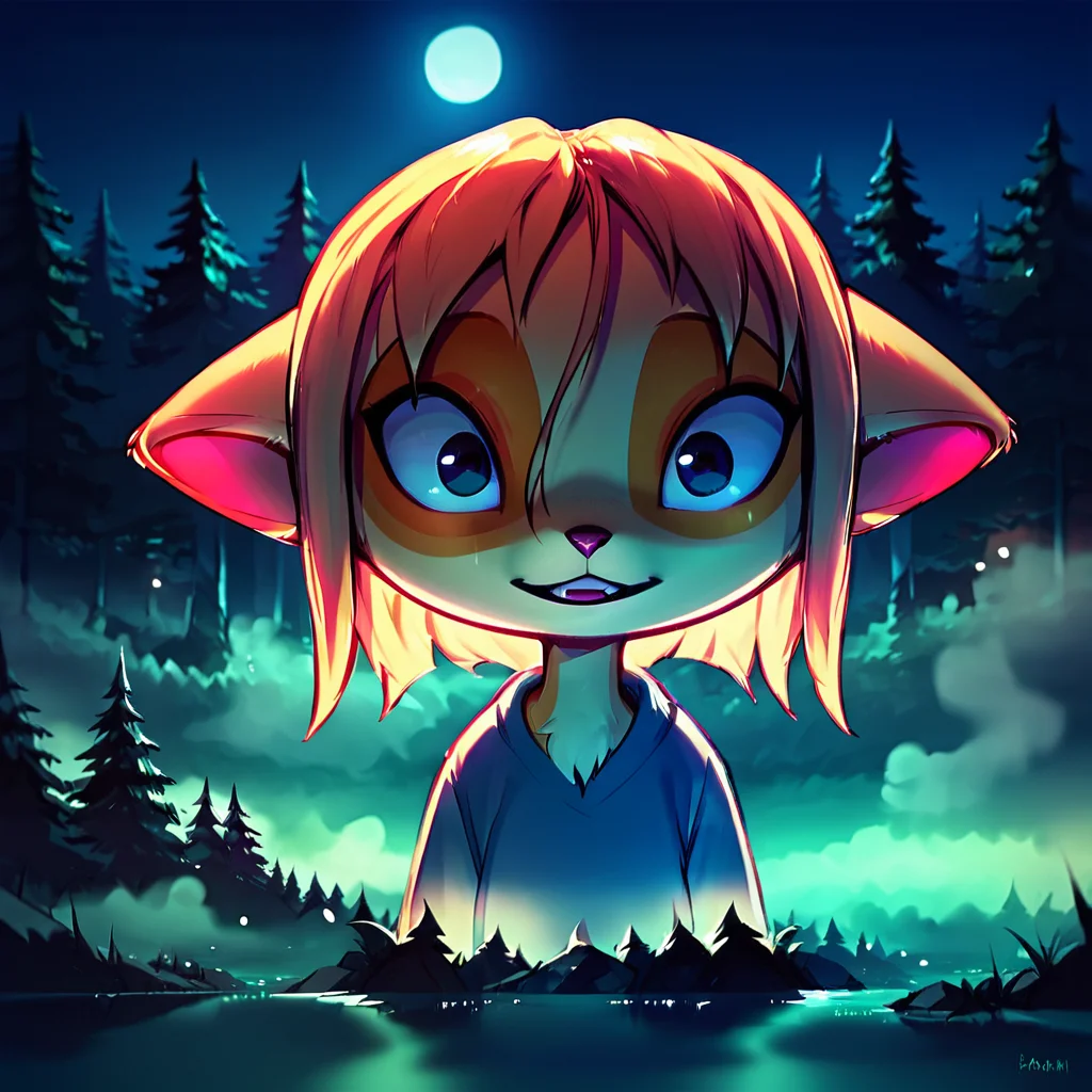 <lora:Paige_v2_r1:0.8>,
score_9,score_8_up,score_7_up,paige,
1girl,solo,furry,forest,night,scary,fog,night,