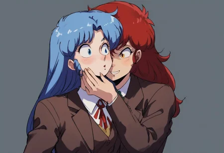 pr0j3ct4K0, duo, score_8_up, score_7_up, source_manga,  perfect quality, perfect face, perfect body, rating_explicit,  AKO, girl, orange eyes, long messy hair, red hair, sly smile, sailor school uniform, serakuku, neckerchief, upper body, break, BKO, girl, blue eyes, long hair, blue hair, curled bangs, shocked expression, hand on face, brown school uniform, brown jacket, upper body, break, ako has bko in a full nelson, full bodies in view, <lora:Project_A-KO_-_1986_OVA_-_Pony:0.9>