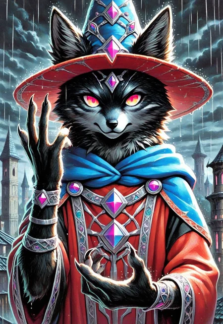 masterpiece,best quality,amazing quality,stalac, traditional media, solo, fox, black body fur, upper body, paws, small claws, fingerless gloves, (mage robe, red robe, blue robe, multicolor robe, black sleeves, embroidered, silver accents), jewelry, gems, straight on, gradient eyes, hand up, hand gesture, serious, headwear, outdoors, tower roof, dark clouds, rain