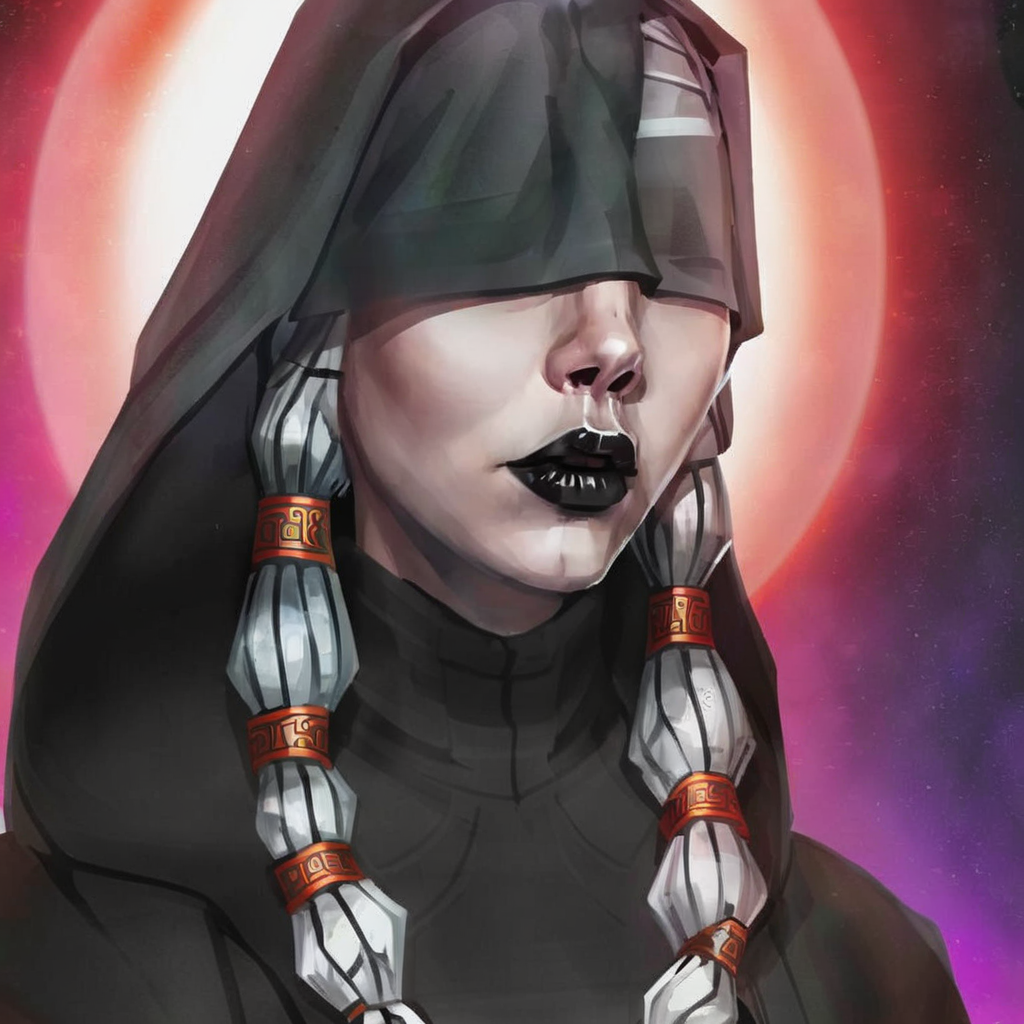 1girl, kreia,hood covering eyes,,black lips gray braided hair, robes, upper body portrait <lora:kotorsdxl_lora:1>, (best quality, masterpiece, perfect face, beautiful and aesthetic:1.2, colorful, dynamic angle, highest detailed face)  (high contrast, official art, extreme detailed, highest detailed)