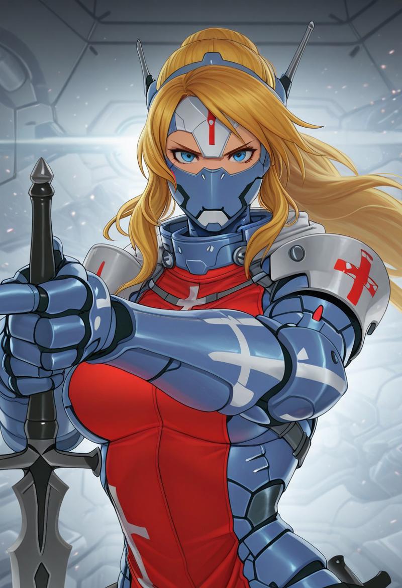 masterpiece, best quality, amazing quality,  Smooth Quality, hard lighting, close up, upper body, red tabard, 
detailed Background, joan_of_arc
1girl, blonde hairs, long hairs, Panoceania, wearing light armor, challenging viewer, indoor, blue armor, sci-fi, holding sword, sword, energy blabe, pointing weapon at viewer.
Headgear.