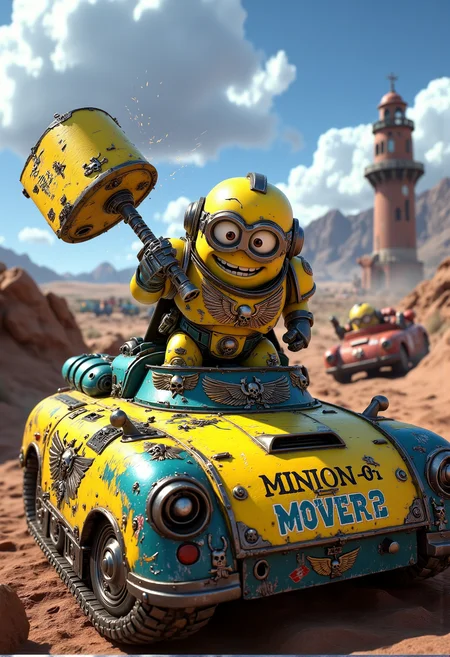 space marine. A double-eyed Minion dressed in elaborate Space Marine power armor, richly detailed, painted in bright Minion yellow and blue. The armor always leaves their head uncovered (no helmet:2.0), showcasing their iconic Minion goggles and expressions. The Minion is wielding a power hammer humorously shaped like a giant banana, crackling with blue energy. The Minion is depicted in a scene such as: standing atop a yellow Rhino tank, pointing towards the enemy, other Minions driving similar vehicles in the background. The Minion's expression is heroic but with a goofy smile. The scene should be depicted in a colorful but gritty Warhammer 40k style, with bright yellows and blues to emphasize the Minionsâ classic color scheme. The armor and weapons are detailed with ornate designs, but humor is maintained through Minion-themed accessories and comical touches. Witty details include: a Rhino covered in graffiti saying "Minions Rule!" in bright letters. Background elements should resemble classic Warhammer 40k settings but with a humorous Minion twist, such as: a Land Raider tank with a banana launcher attached, painted in bright yellow and blue. , <lora:sm2.safetensors:1.0:1.0>