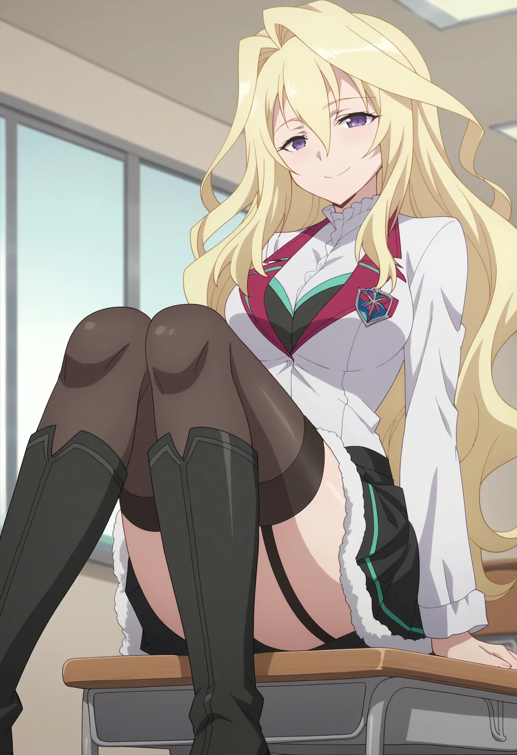 score_9, score_8_up, score_7_up, score_6_up, score_5_up, score_4_up , anime coloring ,BREAK source_anime, anime,screencap,
1girl, solo, claudia enfield, breasts, school uniform, black thighhighs, black skirt, black footwear, fur trim, garter straps, knee boots, <lora:PonyXL Claudia Enfield V1 :1>
indoors,smile, looking at viewer,
school, classroom,