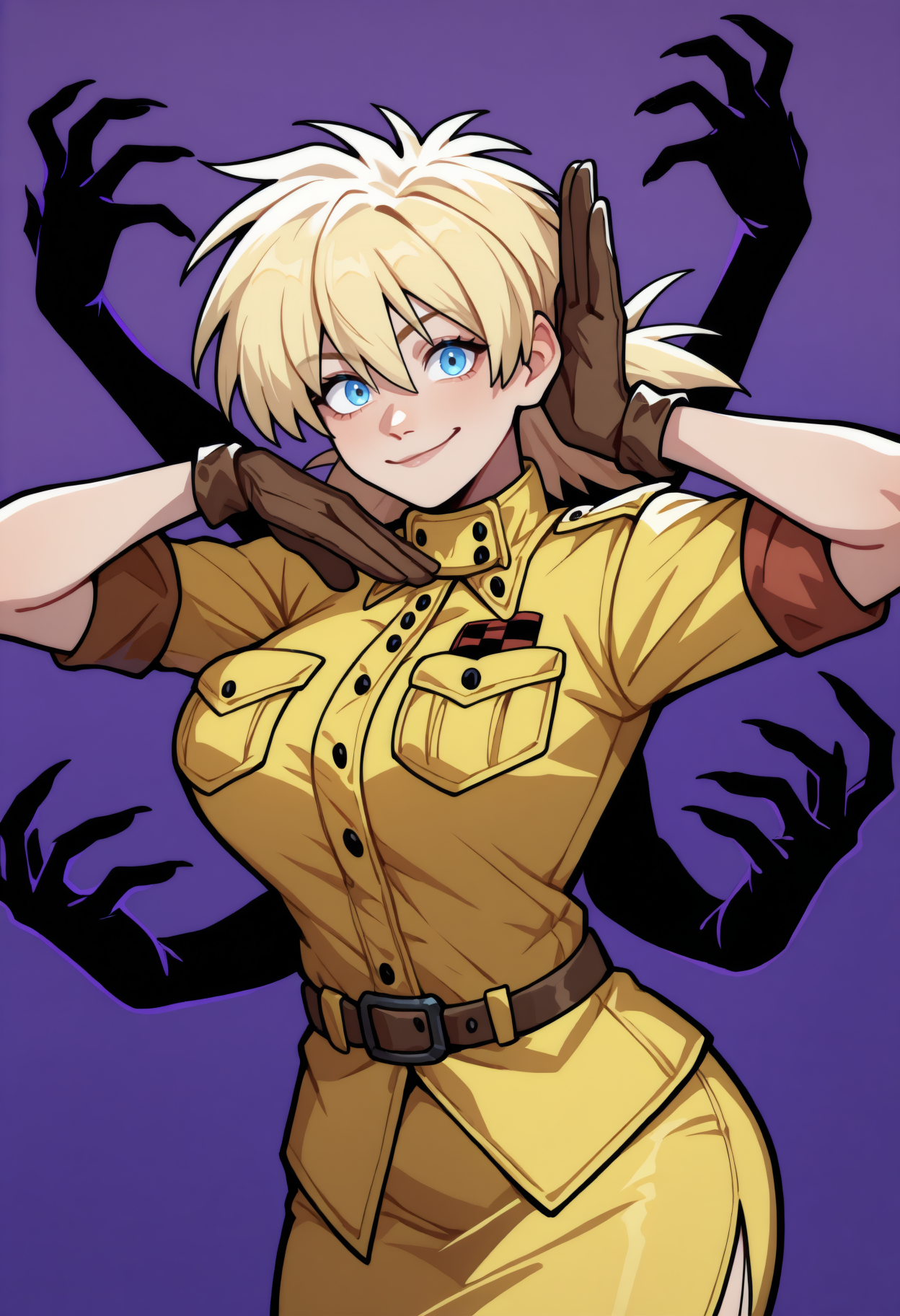 masterpiece, best quality, newest, simple background, purple background, 1girl, solo, extra arms, extra hands, hands up, arms up, ghost hands, looking at viewer, smile, upper body, <lora:Red Flags:1>
seras victoria, blonde hair, blue eyes, military uniform, yellow shirt, short sleeves, sleeves rolled up, yellow skirt, pencil skirt, breast pocket, brown belt, brown gloves