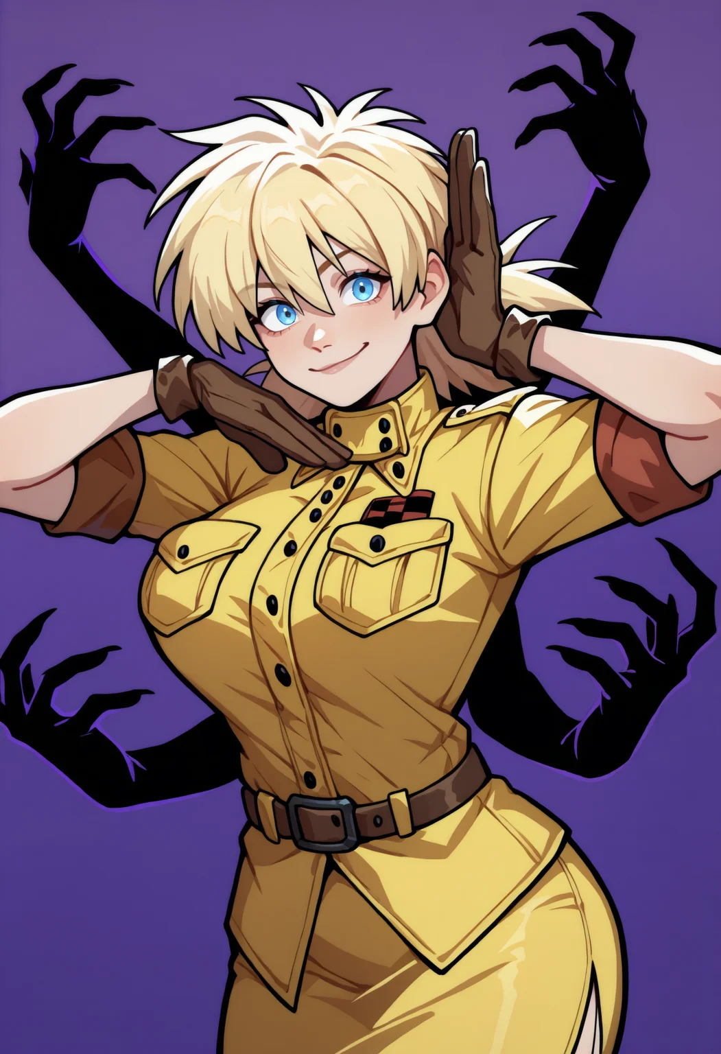 masterpiece, best quality, newest, simple background, purple background, 1girl, solo, extra arms, extra hands, hands up, arms up, ghost hands, looking at viewer, smile, upper body, <lora:Red Flags:1>
seras victoria, blonde hair, blue eyes, military uniform, yellow shirt, short sleeves, sleeves rolled up, yellow skirt, pencil skirt, breast pocket, brown belt, brown gloves