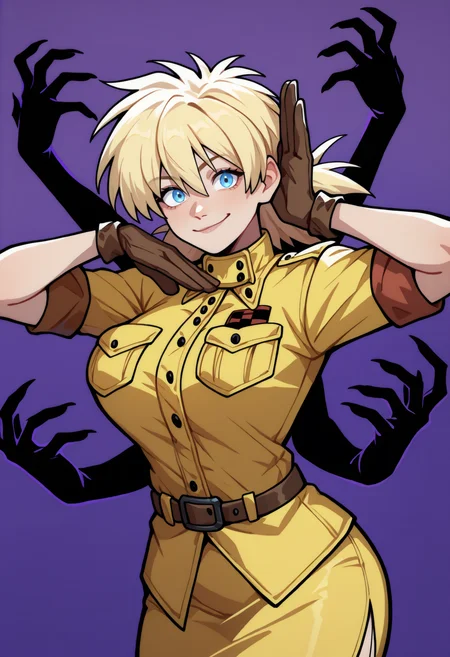 masterpiece, best quality, newest, simple background, purple background, 1girl, solo, extra arms, extra hands, hands up, arms up, ghost hands, looking at viewer, smile, upper body, <lora:Red Flags:1>
seras victoria, blonde hair, blue eyes, military uniform, yellow shirt, short sleeves, sleeves rolled up, yellow skirt, pencil skirt, breast pocket, brown belt, brown gloves