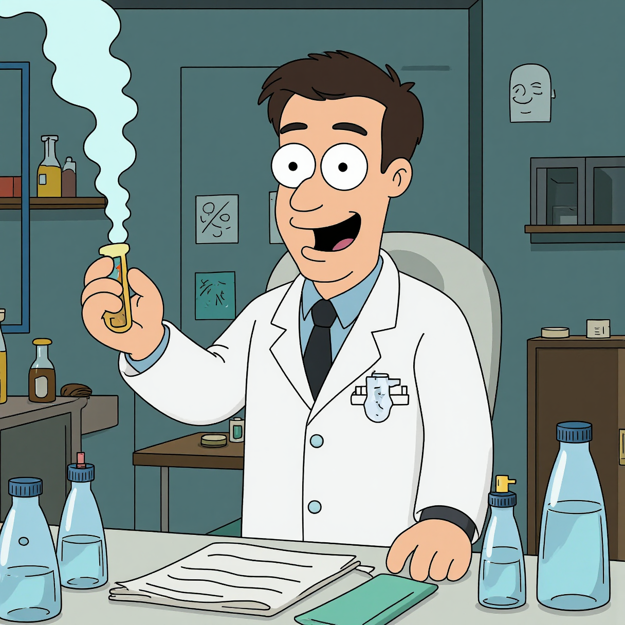 cartoon , mad scientist in his laboratory