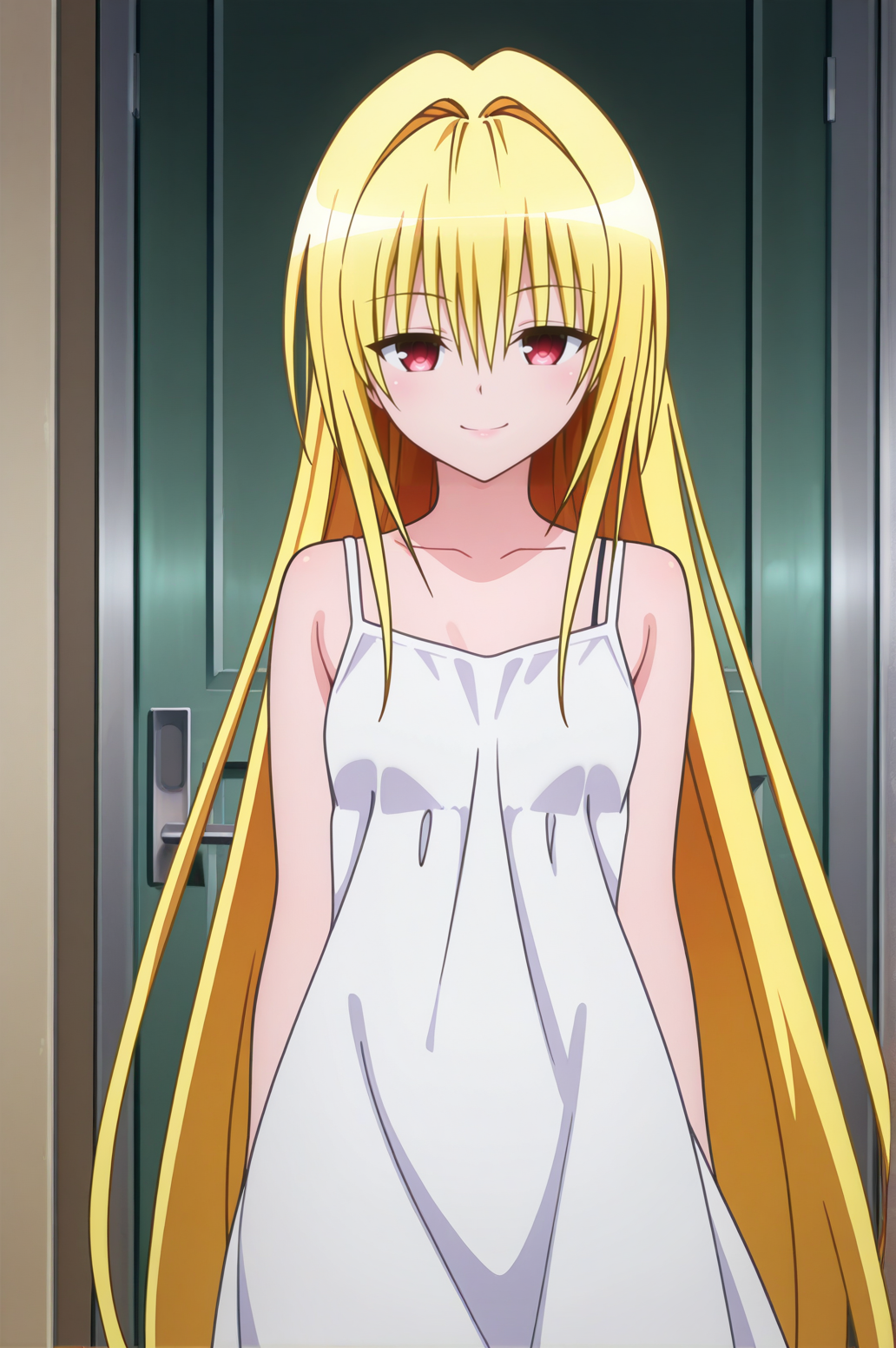 masterpiece, best quality, absurdres, highres, very aesthetic, very awa, BREAK, anime coloring, anime screencap,
<lora:konjiki_no_yami_v3-illustrious_r1:1>, 1girl, konjiki no yami, to love-ru darkness, red eyes, blonde hair,
BREAK, looking at viewer, seductive smile,
BREAK, sundress,