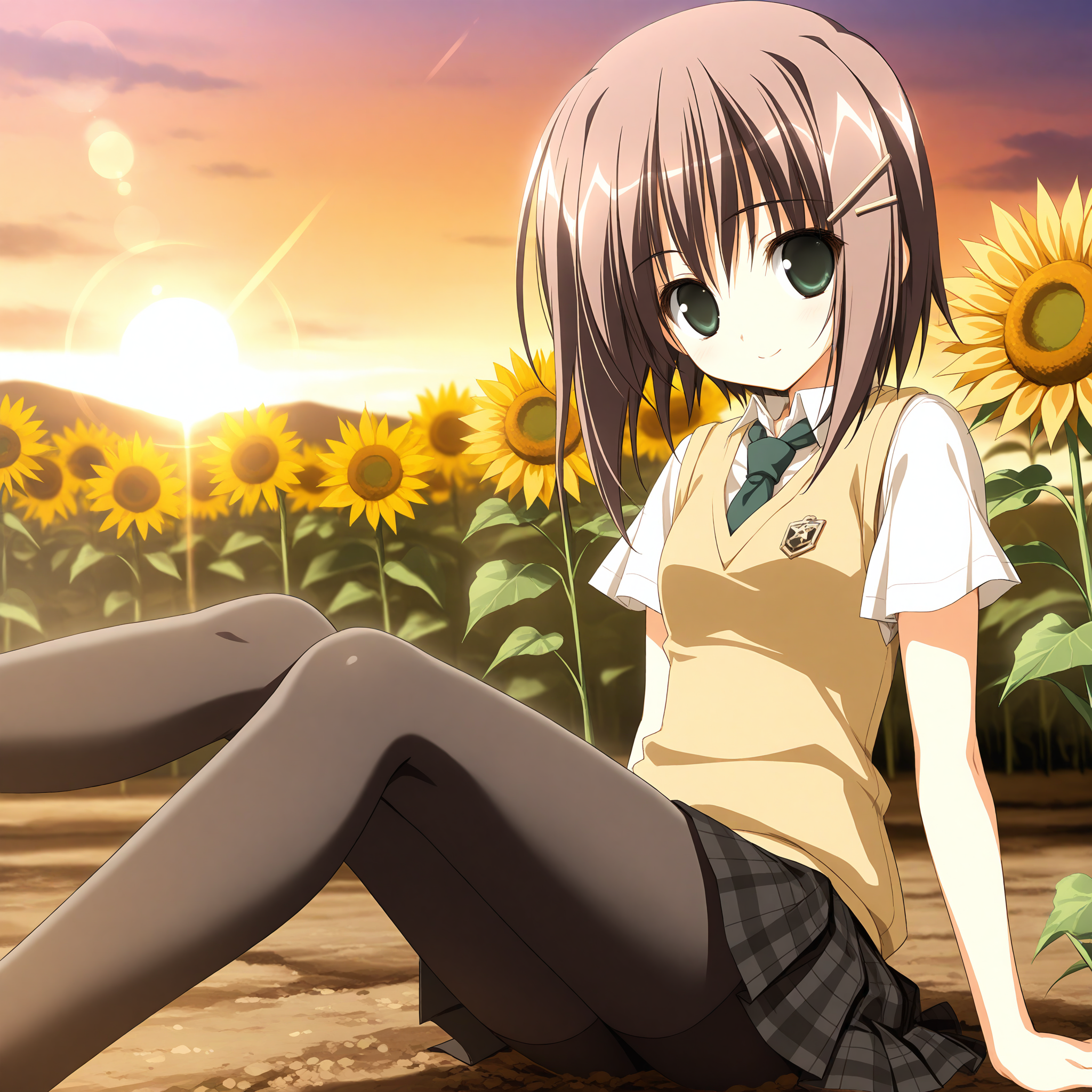 <lora:Mamiya_Hasaki_1_nai-000059:1>,Mamiya Hasaki,green eyes,
hairclip,school uniform,black pantyhose,sweater vest,yellow vest,short sleeves,white shirt,green necktie,black skirt,miniskirt,plaid skirt,
1girl,solo,sitting,on ground,sunset,sunflower,looking at viewer,smile,soil,depth of field,lens_flare,
