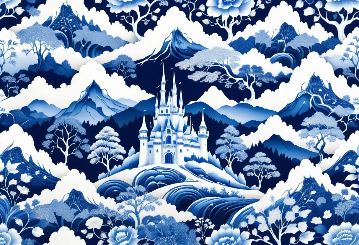 a  castle in Bluepatternporcelain,
mountain forest meadow background,