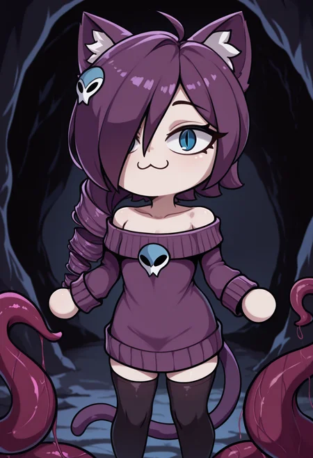 1girl, solo, tentacles, tentacle pit, cave, dark background, blurry background,
masterpiece, best quality, <lora:necoarccon-guy90-Illust-LycorisV1:1>, noccen, animal ears, :3, chibi, cat tail, animal ear fluff, slit pupils, <lora:zonearchive_zone-tan_illustriousXL:1> zon3tan, long hair, purple hair, hair over one eye, ahoge, drill hair, skull hair ornament, blue eyes, purple sweater, off-shoulder sweater, sweater dress, long sleeves, black thighhighs, bare shoulders, collarbone