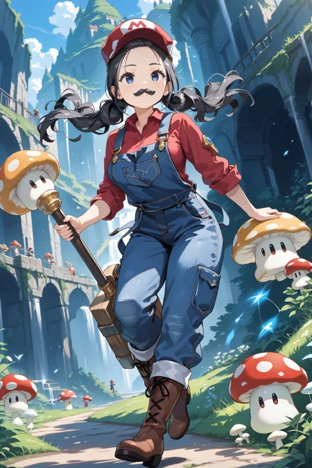 score_max, (score_9, score_8_up, score_7_up:1.2), score_6_up, official art, source_anime,
, masterpiece, absurdres, high detail, 8k,
outdoors, mushroom kingdom, from side, full body,
action pose, jumping, holding hammer, large object, huge object,
marian, forehead, twintails, (fake mustache:1.2), mario costume, red cap, overalls, red shirt, brown boots,
<lora:XL_Pony_MGCM-marianne-t1:1>