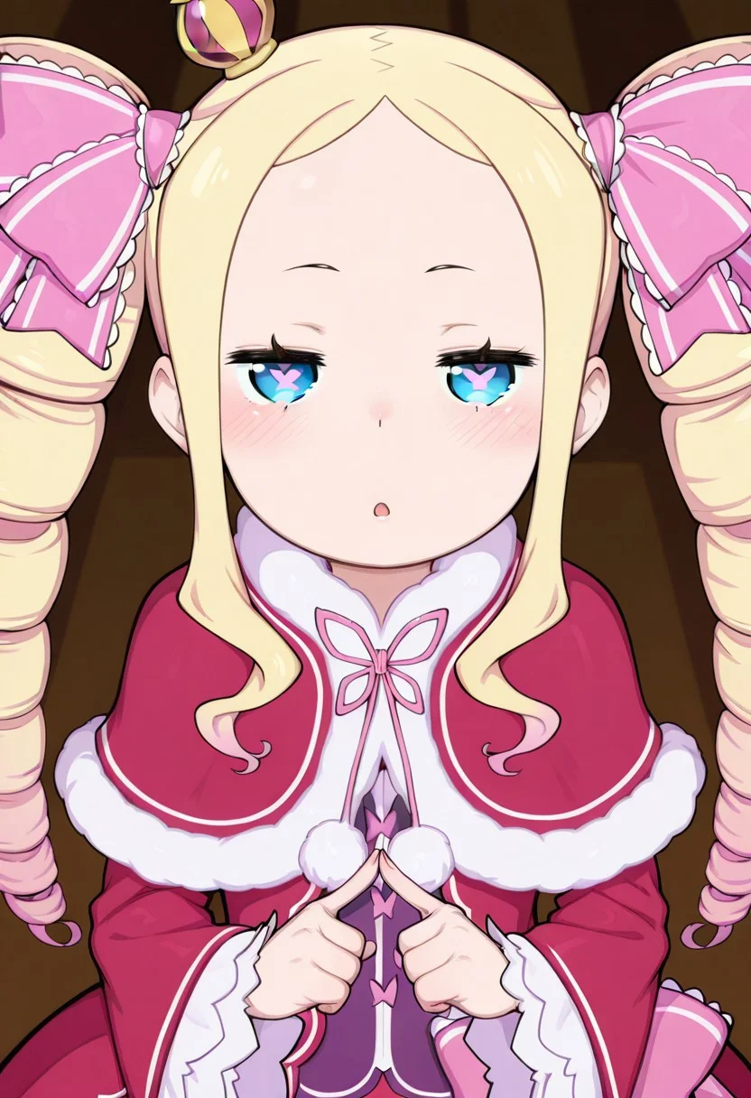 (1girl, beatrice (re:zero), half-closed eyes, drill hair, blonde hair, blue eyes, crown, butterfly-shaped pupils, twin drills, long hair, pink ribbon, sidelocks, small breasts, symbol-shaped pupils, mini crown, hair ribbon, twintails, gradient hair, pink hair, pink ribbon), looking at viewer, solo, yurie mouth, blush, forehead, hands up, index fingers together, from above,