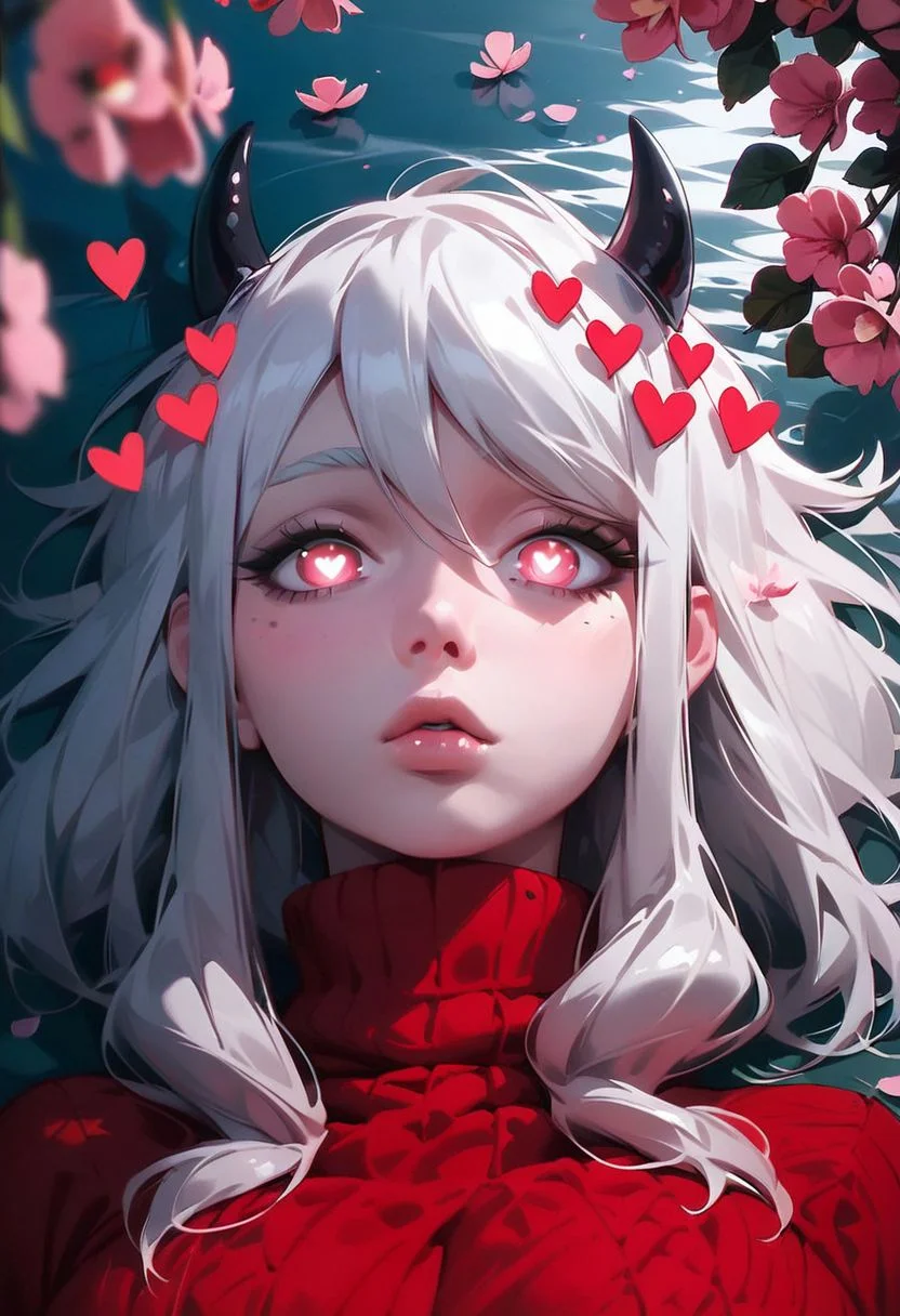 score_9, score_8_up, score_7_up, Expressiveh, 1girl, modeus (helltaker), light skin, lake, looking at the viewer, ((best eyes)), face, laying, ((close-up)), (explicit), (best quality), Cherry blossom, pink eye, (red sweater, long sleeves), eyes focus, pupils , big breasts,expressionless,heart-shaped pupils, heart
