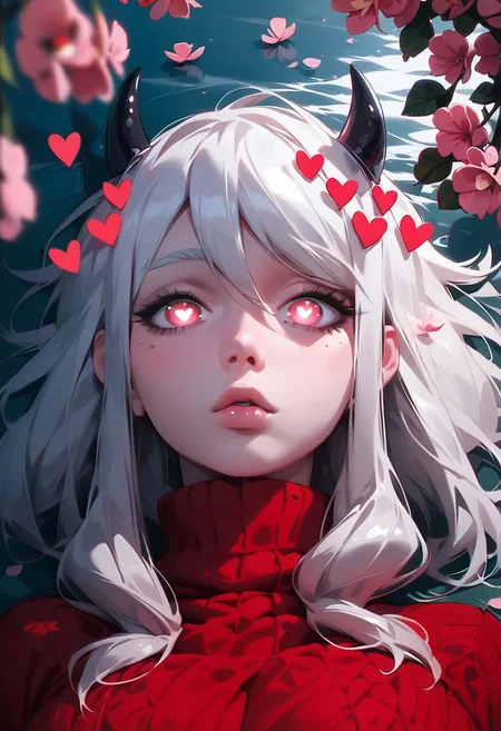 score_9, score_8_up, score_7_up, Expressiveh, 1girl, modeus (helltaker), light skin, lake, looking at the viewer, ((best eyes)), face, laying, ((close-up)), (explicit), (best quality), Cherry blossom, pink eye, (red sweater, long sleeves), eyes focus, pupils , big breasts,expressionless,heart-shaped pupils, heart