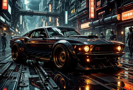 midnight. A heavily modified cyberpunk muscle car stands in the middle of a neon-soaked city street at night, its glossy black surface reflecting the vibrant orange and red neon signs surrounding it. The car is low and aggressively wide, equipped with exaggerated body kits, sharp angular fins, and glowing accents that pulse with energy. Its headlights emit a fiery orange glow, matching the illuminated rims of the massive wheels, which are fitted with futuristic low-profile tires. The urban background is a dense cyberpunk cityscape with towering buildings, glowing advertisements in Japanese-style text, and dimly lit alleys. The slick, rain-soaked asphalt reflects the glowing city lights, amplifying the atmosphere of a gritty yet futuristic metropolis. A few shadowy figures in futuristic armor patrol the street, adding a sense of mystery and tension to the scene. <lora:flux.1_lora_flyway_Epic-detail_v2.safetensors:0.3>, <lora:The_Dark_Side_Of_The_Future.safetensors:0.38>, <lora:ck-skynet-000019.safetensors:0.3>, <lora:Giger_2_0.safetensors:0.2>, <lora:aiai-Glimra-Flux-Dev-v2.safetensors:0.75>,