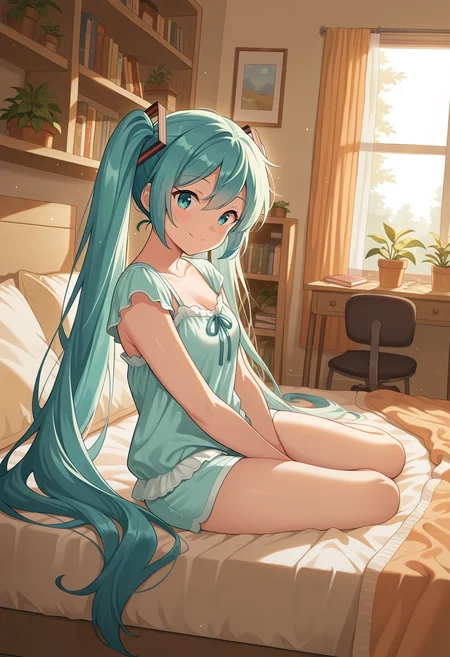 1girl, hatsune miku, loungewear,
sitting at the edge of bed, smile, looking at viewer,
cozybedroom, modern cozy bedroom, Bookshelves, desk, plant, bed, bright, morning,
dutch angle, side view, detailed background, great lighting, masterpiece, best quality, amazing quality