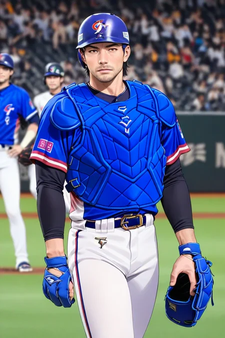 score_9, score_8_up, score_7_up, score_6_up, perfect anatomy, perfect proportions, best quality, masterpiece, high_resolution, high quality, highres, gay, homo, bara, male focus, male only, mature, masculine, manly, hunk, virile, handsome, charming, alluring, dutch angle, cowboy shot,, look at viewer, asian man, Taiwanese man, black hair, facial hair, stubble, HannekenTaiwanBaseball, Taiwan baseball uniform, Taiwan national baseball team, blue baseball jersey, white baseball pants, catcher uniform, catcher's gear, chest protector, batting helmet, flap-less helmet, backwards helmet, catcher’s mitt, catcher's glove, baseball cleats, baseball field, shading, countershading, detailed shading, detailed skin, realistic shading, intricate details, movie still, vibrant, vivid, stardom, glamorous, extraordinary achievement, award-winning, expressionist, cinematic still, emotional, harmonious, vignette, bokeh, cinemascope, moody, epic, gorgeous
