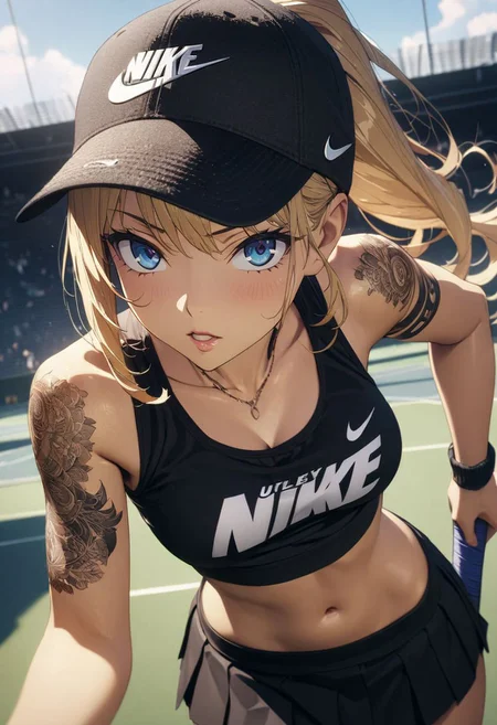 gorgeous lips, cinematic, (masterpiece), (best quality), (ultra-detailed), very aesthetic, illustration, perfect composition, intricate details, absurdres, detailed face, (anime, masterpiece, intricate:1.3), (best quality, hires textures, high detail:1.2), (4k),(incredibly detailed:1.4) 
a woman with tattoos a nike tank top and short skirt holding a racket, tattoo, 1girl, skirt, racket, tennis racket, arm tattoo, black top, black skirt, Nike, black cap, ponytail, tennis racket, racket, solo, tattoo, blue eyes, navel, outdoors, ponytail, skirt, looking at viewer, hat, midriff, blonde hair