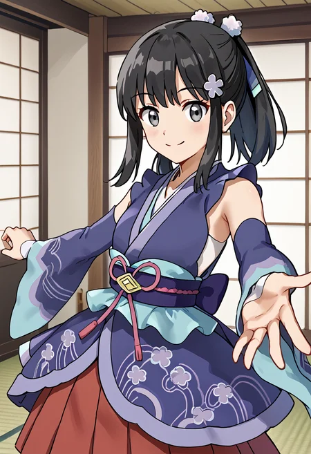 Standing with one arm reaching to the side,  smile,  indoors,  1girl, <lora:DawnPony:1>  Daw_NYear, long hair, black hair, ponytail, sidelocks, grey eyes, hair ornament, hair ribbon, purple kimono, detached sleeves, blue sleeves, red skirt, pleated skirt, white socks,
