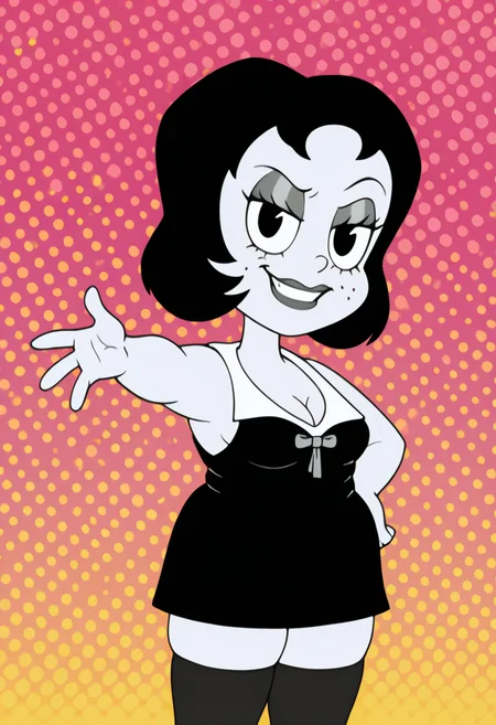 masterpiece, best quality, amazing quality, t00t8r4, 1girl, black hair, two-tone dress, black thighhighs, hand on hip, outstretched arm, looking at viewer, evil smile, cowboy shot, pink background, (colorful sparkles background, light rays:0.9),