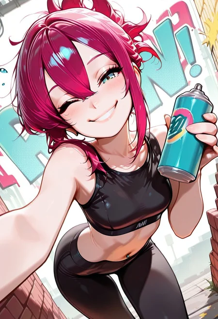 masterpiece, best quality, 32k, high resolution, absurdres, HD32k, masterpiece, In the style of Jedppa, popart, Yara, YaraRH, Adult girl, magenta hair, , hair_between_eyes, sidelocks_tied_back, almond eyes, small mouth, slim, small breasts, flirty, detailed lips, detailed eyes, expressive, Dutch angle, looking at the viewer, red tint, dynamic pose, cowboy shot, sports bra, navel piercing, leggings, brick wall, graffiti, holding spray can, paint drops, smiling, front view, winking, bent over,