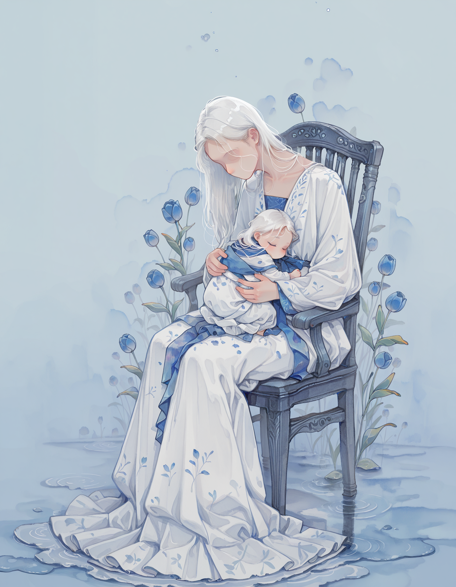 masterpiece, best quality, amazing quality, very aesthetic, absurdres,watercolor, watercolor (\medium)\, no lineart, painting, brush stroke,impressionism, painterly, water spots, stains, paint stains
, woman sitting on chair holding baby, no face, no eyes, no mouth, white gown, spot color, blue theme, empty background, white hair, long hair,a few blue tulips on floor
,   <lora:HSwatercolorstylellust:1> <lora:WhiteNegativeSpaceILL:0.6>