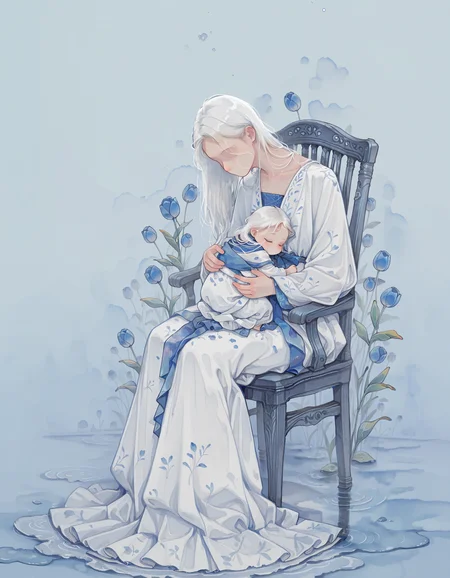 masterpiece, best quality, amazing quality, very aesthetic, absurdres,watercolor, watercolor (\medium)\, no lineart, painting, brush stroke,impressionism, painterly, water spots, stains, paint stains
, woman sitting on chair holding baby, no face, no eyes, no mouth, white gown, spot color, blue theme, empty background, white hair, long hair,a few blue tulips on floor
,   <lora:HSwatercolorstylellust:1> <lora:WhiteNegativeSpaceILL:0.6>