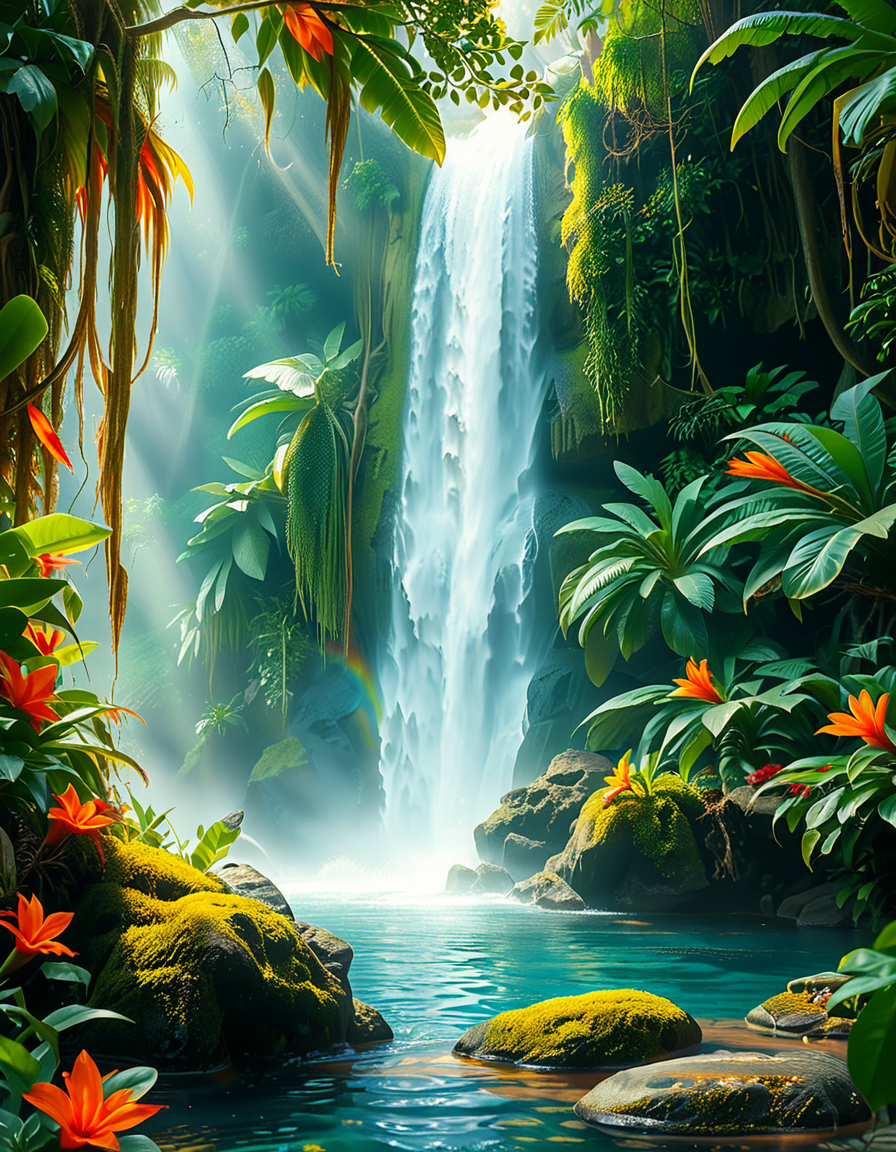 A stunning and tranquil view of a jungle waterfall cascading down smooth, moss-covered rocks into a crystal-clear pool below. The scene is surrounded by dense, lush greenery, with towering tropical trees and vibrant, oversized ferns creating a natural canopy that filters sunlight into dappled patterns on the forest floor. Brightly colored flowers in shades of red, orange, and purple add splashes of color among the greenery, while vines and roots wind their way around the rocks and trees. Mist rises from the base of the waterfall, catching the sunlight and creating a soft, ethereal glow, with a faint rainbow visible in the spray. Exotic birds with iridescent feathers can be seen perched on branches, and the faint sound of distant animal calls adds to the sense of a thriving, untouched paradise. The overall atmosphere is serene, magical, and vibrant, capturing the untamed beauty of nature.<lora:SDXLFaeTastic2400:0.4> <lora:extremely_detailed:0.4> extremely detailed, <lora:Jungle_w4t3rf4ll:1>,Jungle w4t3rf4ll, Masterpiece,best quality,hi res,8k,hi res,8k,award winning,(sharp focus, intricate, highly detailed),