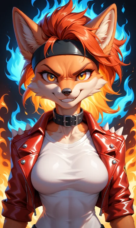 score_9, score_8_up, score_7_up, score_6_up, source_furry, BREAK,1girl, detailed face eyes, detailed fluffy fur, 1girl, dark ambient, glow, (detailed fire background, blue fire AND red fire:1.1), anthro furry female fox, orange flame hair, glowing gradient orange yellow eyes, enface portrait, small, medium breasts, looking at viewer, intimidating, smirk, black headband, black collar with white spikes, flame hot red leather jacket, white shirt, highly detailed, absurdres, cinematic lighting, fluffy