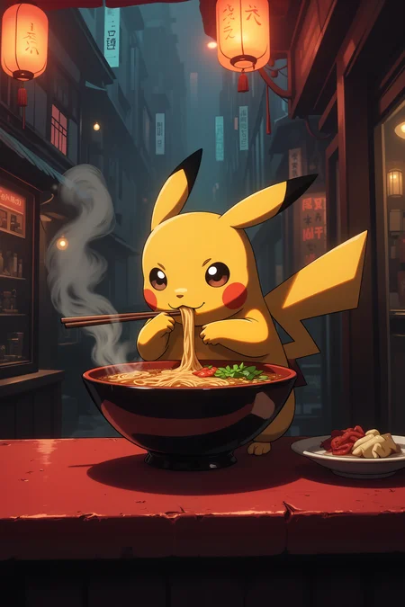 At a small food stall nestled between towering buildings, Pikachu perches on a high stool, his tiny paws wrapped around a steaming bowl of ramen. The golden broth shimmers under the warm glow of hanging lanterns, reflecting in his wide, eager eyes as he carefully lifts a single noodle with a pair of comically oversized chopsticks. The air is thick with the scent of sizzling meat, fresh scallions, and the faint smokiness of a nearby grill, blending into the quiet hum of the nighttime city. The red counter is worn smooth from years of hungry customers, and Pikachuâs tiny plate of pickled vegetables sits untouched beside him, waiting for the perfect moment. The steam curls around his face, making his cheeks feel warm, even as a soft night breeze brushes through the alleyway. He sighs in quiet satisfactionânothing beats a hot bowl of ramen after a long day. , detailed background Fantastic lighting. Detailed shadows.intricate details, vivid colors, hyper-detailed, ultra-sharp, , <lora:aesthetical-000003:0.15><lora:aidmaNSFWunlock-FLUX-PonyStyle-v0.1:0.15><lora:Flux-jijia:0.1><lora:GLSHS:0.6>
