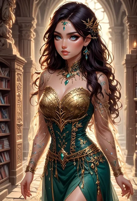 22-year-old Latina female, Her long, brown hair cascades in loose waves down her back, perfectly complementing her warm brown eyes that always seem to sparkle with curiosity and kindness. sun-kissed skin and athletic build reflect her love for the outdoors and an active lifestyle. She's in a vibrant and intricately laced cup-less formal corset dress that showcases her personality and cultural pride. Big natural cleavage. She has a serious expression on her face. Standing in the library of a castle, make the background in focus too. Camera should be up high looking down on her face and cleavage, top view. Give her a gold headband, beautiful and intricate gold necklace with an emerald in it, earrings, bracelet. Euphoria makeup style: with rhinestones around the eyes, bold colors and drama. really focus on the eyes and make them as accurate as possible.