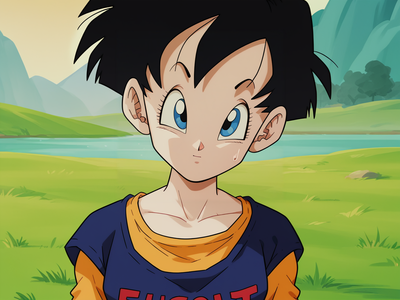 Videl, 1girl, short hair, dark blue shirt, long sleeved orange shirt,  black hair, clothes writing, white sweatpants, <lora:Videl-prodigy-7:0.8>,   score_9, score_8, score_8, solo, portrait, looking at viewer, outdoors, grass