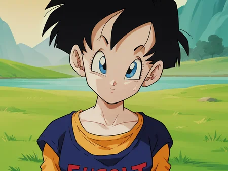 Videl, 1girl, short hair, dark blue shirt, long sleeved orange shirt, black hair, clothes writing, white sweatpants, <lora:Videl-prodigy-7:0.8>, score_9, score_8, score_8, solo, portrait, looking at viewer, outdoors, grass
