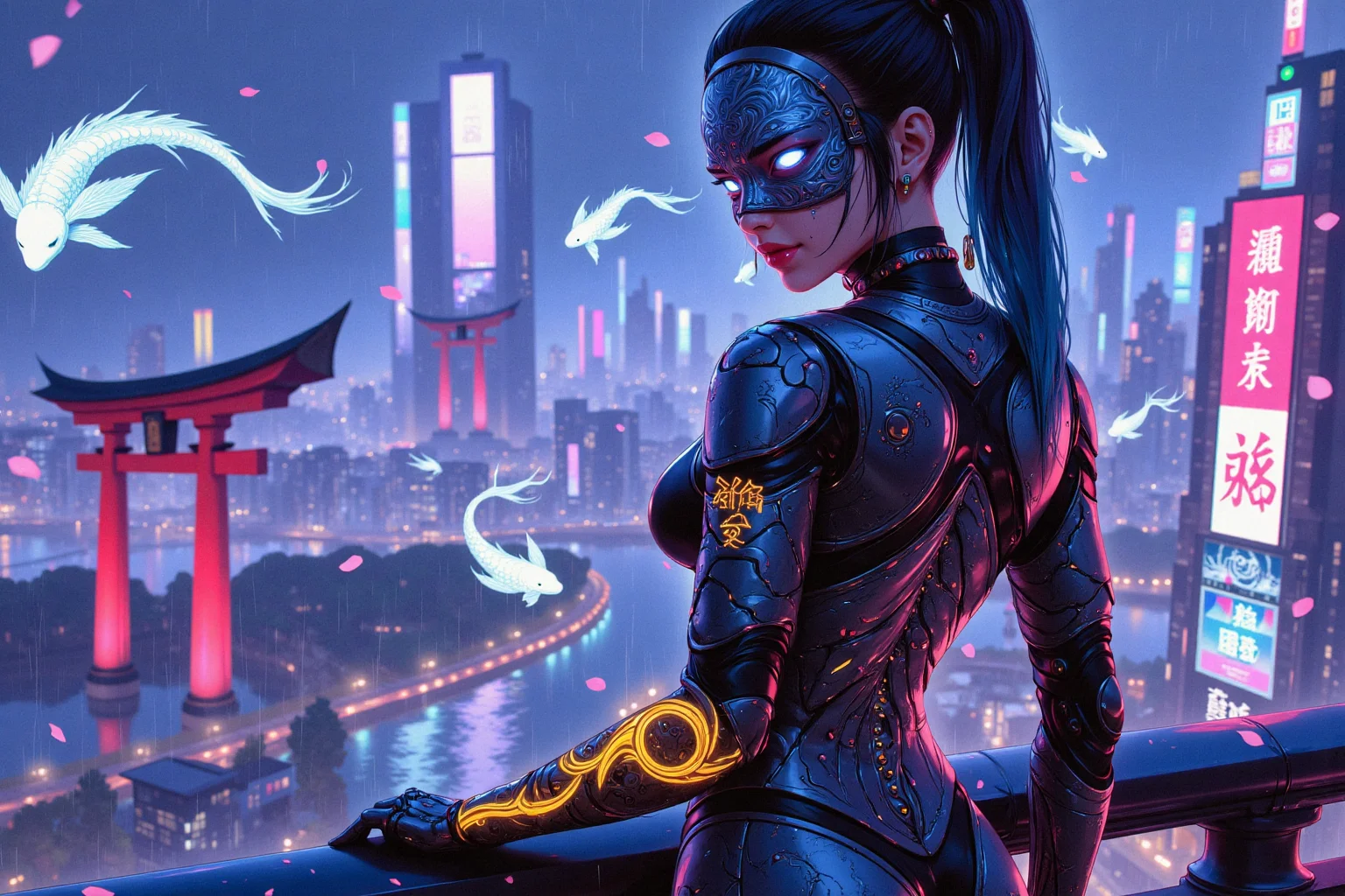A breathtaking cyberpunk kunoichi with striking white eyes, Extremely beautiful and detailed face, their glow resembling the hypnotic shimmer of a neon-lit Tokyo night. Her sleek, electric-blue hair is styled into an elegant high ponytail, she is wearing A detailed, holographic hannya mask on the side of her head, flickering between digital transparency and a menacing demonic visage.  

She wears a high-tech, form-fitting bodysuit infused with traditional Japanese elements—textured like woven silk yet reinforced with advanced nanofiber plating. Subtle neon kanji symbols glow along her sleeves, shifting dynamically between protective spells and encoded messages. A cybernetic samurai-style shoulder guard glows faintly with intricate golden circuits, and her arms bear elegant, programmable tattoos depicting ancient dragon motifs that pulse with an otherworldly light. Her left arm is fully cybernetic.

She stands poised atop a sleek, rain-slicked rooftop in Neo-Tokyo, her silhouette illuminated by the vibrant holographic billboards below. Towering red torii gates, repurposed as neon-lit entryways to digital temples, cast an ethereal glow against the foggy skyline. In the distance, enormous holographic koi fish glide gracefully through the air, swimming through rivers of data streams cascading from floating megastructures.  

A gentle rain drizzles over the neon city, each drop glowing momentarily as it touches her suit, the reflections forming a dreamlike cybernetic ukiyo-e painting. Cherry blossom petals, enhanced with bioluminescent nanotech, drift through the air, mixing with the neon haze. She smirks with quiet confidence.

A stunning fusion of **traditional Japanese aesthetics and cyberpunk futurism**, captured in ultra-detailed, hyper-realistic **8K resolution**. Cinematic lighting, neon-drenched atmosphere, breathtaking visuals, infused with deep Japanese cyberpunk lore.  


Art in the style of Yomu_Yakadashi.

EpicGorgeousDetails, cinna flow, 8k detailed neon themed digital illustration style, 8uartz4r4