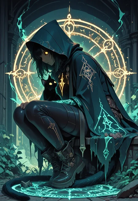 (masterpiece), (best quality), (8k), 1cat, solo, magical black cat, small cat, glowing runes on fur, oversized tattered hooded cloak, hood covering most of head, glowing yellow tired eyes, sitting on broken arcane circle, celestial magic in background, magic scrolls near tail, ancient spellbook beside paw, cosmic glyphs floating around, floating hourglass shards, magical smoke rising from body, divine aura, looks exhausted but powerful,