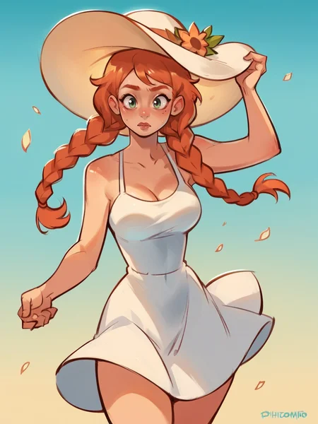 score_9, score_8_up, score_7_up, score_6_up, score_5_up, score_4_up, curvy, 1girl, <lora:ph1lt0m4t0XLP:0.75> ph1lt0m4t0, sun dress, twin braids, ginger hair, wind