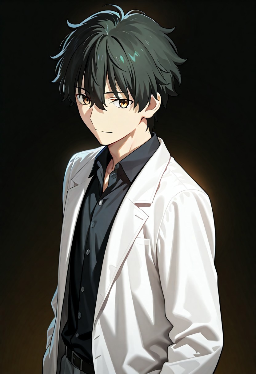 ((masterpiece, best quality, amazing quality, very aesthetic, absurdres)), 
Takeuchi takashi, ((solo)), ((detailed eyes)), calm, smile, closed mouth, 1boy, solo, peaceful, closed mouth,(((oreki_houtarou))), (((black hair, black hair, yellow eyes))), ((short hair, hair between eyes)), ((white labcoat, open labcoat, black shirt, collared shirt, black slacks))), no background, dark background, cowboy shot, dark background, portrait, looking at viewer
