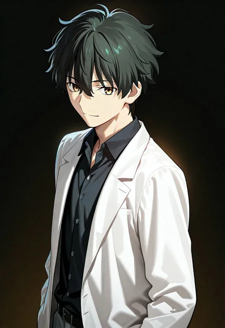 ((masterpiece, best quality, amazing quality, very aesthetic, absurdres)), 
Takeuchi takashi, ((solo)), ((detailed eyes)), calm, smile, closed mouth, 1boy, solo, peaceful, closed mouth,(((oreki_houtarou))), (((black hair, black hair, yellow eyes))), ((short hair, hair between eyes)), ((white labcoat, open labcoat, black shirt, collared shirt, black slacks))), no background, dark background, cowboy shot, dark background, portrait, looking at viewer