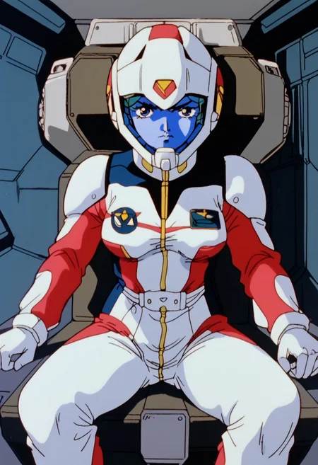 score_8, score_8_up, score_7_up, AWGXS, anime screenshot, retro artstyle,1990s (style), cel animation BREAK 1girl, female focus, solo, looking at viewer, G0080CM, helmet, blue visor, breasts, pilot suit, cockpit, sitting, standing, looking at viewer, straight-on, serious expression, full body,